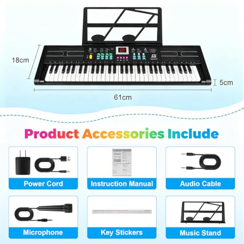 Teclado Musical, 61 Piano Digital para Niños, Incluye Micrófono y Atril Teclas Piano Eléctrico Altavoces Duales Piano Digital Adecuado Teclado Piano para Niños, Niñas Principiantes (Negro)