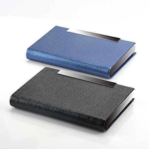 KISSWILL 2 Pack Business Card Holder, PU Leather Business Card Case with Magnetic Shut for Men and Women (Black/Blue)