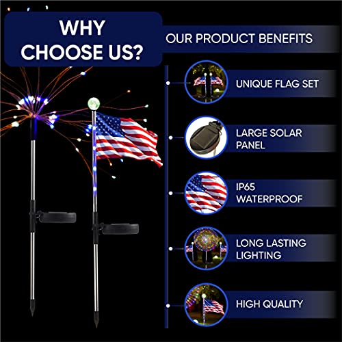 ONM Outdoor Solar Light-3 Pack Solar Garden Lights with 2 Solar Powered American Flag Lights and 1 Solar Firework Light Waterproof-Multi Color-Bigger Solar Panel for Pathway Party Patriotic Decoration