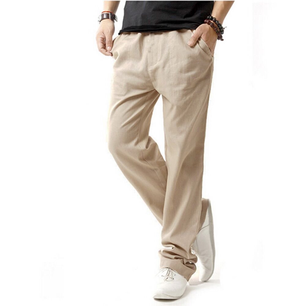 HOEREV Men Casual Beach Trousers Linen Summer Pants, Beige, X-Small At Men's Clothing Store