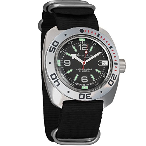 Vostok Amphibian Automatic Mens WristWatch Self-winding Military Diver Amphibia Ministry Case Wrist Watch #710640 (black)