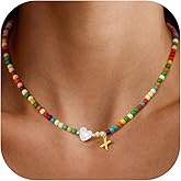 RINTOLER Gold Initial Necklace for Women - Handmade Bohemian Colorful Beaded Initial Stainless Steel 18K Plated Gold Choker Necklace with Heart Shells Letter A Pendant Necklace Jewelry Gifts