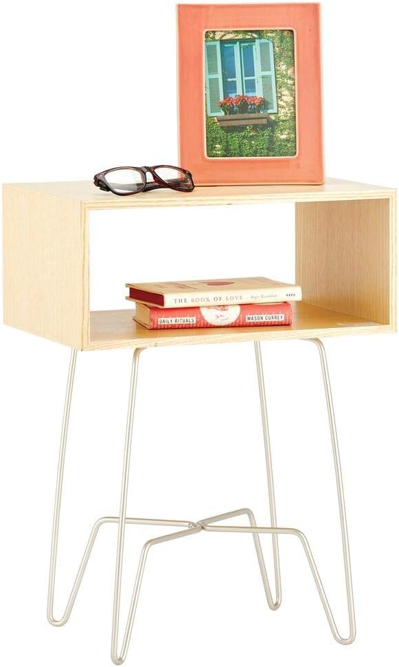 mDesign Modern Farmhouse Side/End Table - Open Storage Shelf Basket, Hairpin Legs, Wooden Top - Sturdy Vintage, Rustic, Industrial Home Decor Accent Furniture for Living Room, Bedroom - Natural/Satin