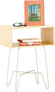 mDesign Modern Farmhouse Side/End Table - Open Storage Shelf Basket, Hairpin Legs, Wooden Top - Sturdy Vintage, Rustic, Industrial Home Decor Accent Furniture for Living Room, Bedroom - Natural/Satin