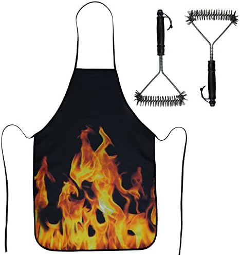 2 Pack BBQ Brush Scraper and Flame Apron set, perfect barbecue grill tool/accessories for men and women, Great cleaning wire brush for cleaner grills with awesome lightweight apron