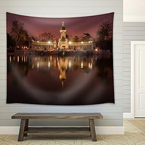 Night Cityscape with Lights at Retiro, Madrid, Spain - Fabric Wall Tapestry Home Decor - 51x60 inches