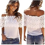 Women Blouse,Haoricu Sexy Women Off Shoulder Casual Tops Blouse Lace Crochet Chiffon Shirt