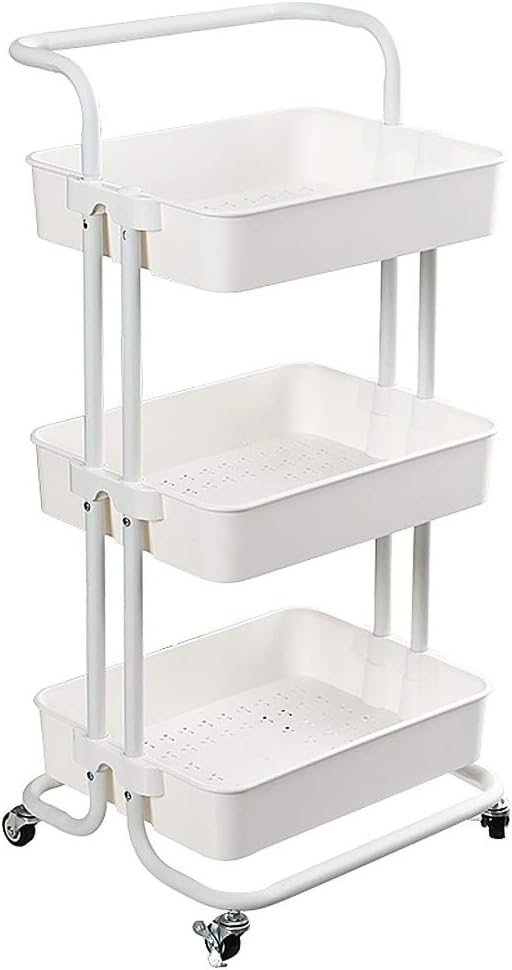 Coideal 3 Tier Rolling Utility Cart Trolley Storage Shelves Multifunction Service Cart with Mesh Basket Handle and Lockable Wheels for Bathroom Kitchen Office (White) : Office Products
