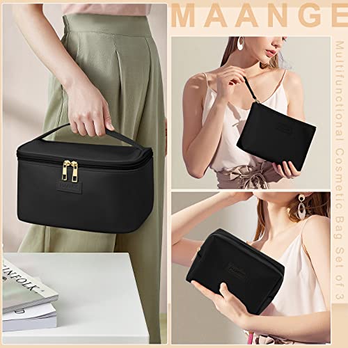 MAANGE Makeup Bag - Large Cosmetic Bag with 2pcs Small Makeup Bags Portable Leather Travel Makeup Bag Set Toiletry Bag Make Up Bags for Women and Girls, Black, 10.3''*7.1''*4.8'', Makeup Bag Set