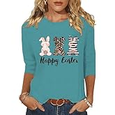 peugryu Women 3/4 Sleeve Shirts Cute Bunny Easter Eggs Graphic Shirts Spring Comfortable Basic Colorful Tops Blouse