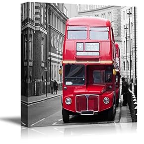 Black and White Photograph with Pop of Red on The Buses of London - Canvas Art Home Art - 12x12 inches