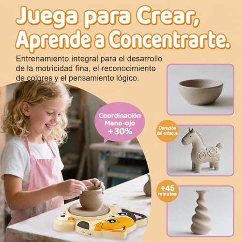 Pottery Lathe for Kids, Complete Ceramic Lathe Set for Beginners, Creative Craft Kit 6+ Years with 3 x Air Drying Clay, Pottery Kit, Gift for Boys and Girls (Cat Motif)