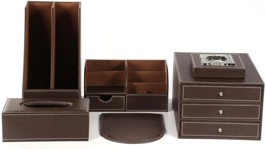 CLEAVE WAVES Office Desk Organizer Set 6 PCS Office Supply Synthetic Leather Desk Set Including Desk Organizer/Mouse Pad/File Cabinet/Document Holder/Crystal Ashtray And Tissue Box Holder,Brown [Energy Class A]