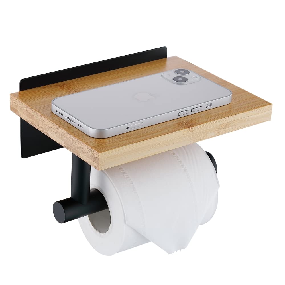 HomeHeng Toilet Roll Holder with Natural Bamboo Shelf, Modern Roll Tissue Holder Wall Mounted No Drilling, Matte Black Toilet Paper Roll Holder for Bathroom, H98903MB