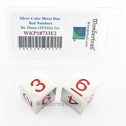 Metal Dice D6 Silver With Red Pips 20mm (25/32in) Pack of 2 Wondertrail