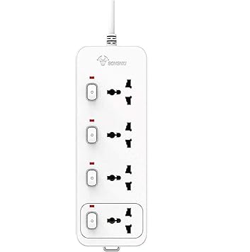 Gongniu (Formerly Bull) Extension Board; 4 Socket, 4 Switch, 5 M Wire (White)