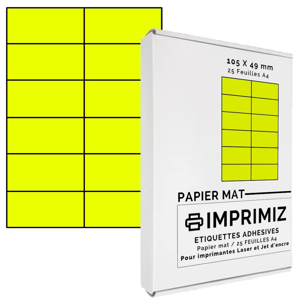 300 Neon Yellow Self-Adhesive Labels 105 x 49.5 mm - 12 Labels per Sheet - 25 Sheets of A4 Coloured Adhesive Paper - for Inkjet and Laser Printing
