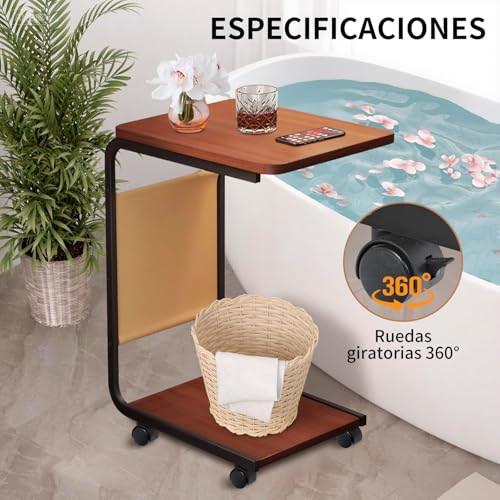 RUKKOVIL Mesa Auxiliar Sala con Ruedas, Mesa para Cama de Noche 2 Niveles en Forma de C, Mesitas para Sala con Estructura de Metal, Dormitorio, Trabajar Desde Casa, para Estudiar, Salón