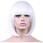 Bopocoko White Wigs for Women 12'' Short White Bob Hair Wig with Bangs Natural Synthetic Soft Wig Cute Colored Wigs for Daily Party Halloween BU027WH