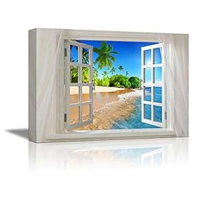 Glimpse into Palm Tree and Beach Out of Open Window Canvas Wall Art Stretched Canvas Prints | Giclee Printing Ready to Hang - 24" x 36"