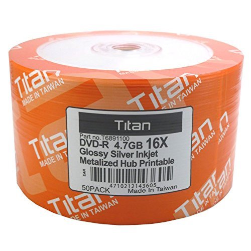 Titan 16X DVD-R Glossy Silver Inkjet Hub Printable, Metalized Hub 4.7GB (T6891100) in 50 Shrink Wrap