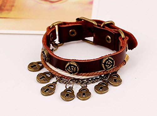Multi Strand Rose Metal Pendant Flower Button Adjustble Length Brown Leather Bracelet