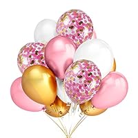 12Pcs 12 Inches Gold & Pink Confetti Balloons and 30Pcs Gold & Pink & White Color Latex Party Balloons,Baby Shower Graduation Celebration Party Decoration Supplies