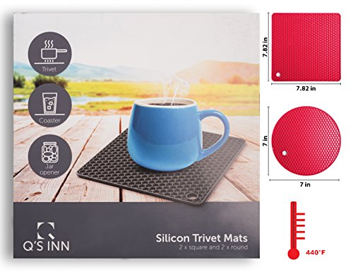 Q's INN Red Silicone Trivet Mats | Hot Pot Holders | Drying Mat. Our 7 in 1 Multi-Purpose Kitchen Tool is Heat Resistant to 440°F, Non-slip,durable, flexible easy to wash and dry and Contains 4 pcs.