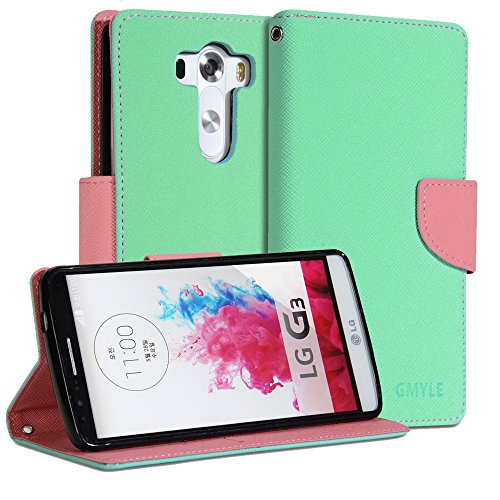 LG G3 Case, GMYLE(R) Wallet Case Classic for LG G3 - Mint Green & Pink Cross Pattern PU Leather Slim Wallet Case Flip Stand Cover (Not Fit For LG G3 S, Beat and Vigor)