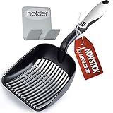 IPRIMIO Cat Litter Scooper with Deep Shovel - Non Stick Plated Aluminum Scoop - Designed by Cat Owners - Patented Sifter with Holder - Super Solid Handle - Black