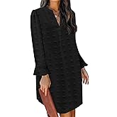 QACOHU Fall Dresses for Women 2026 Casual V Neck Long Sleeves Flowy Mini Tunic Dress