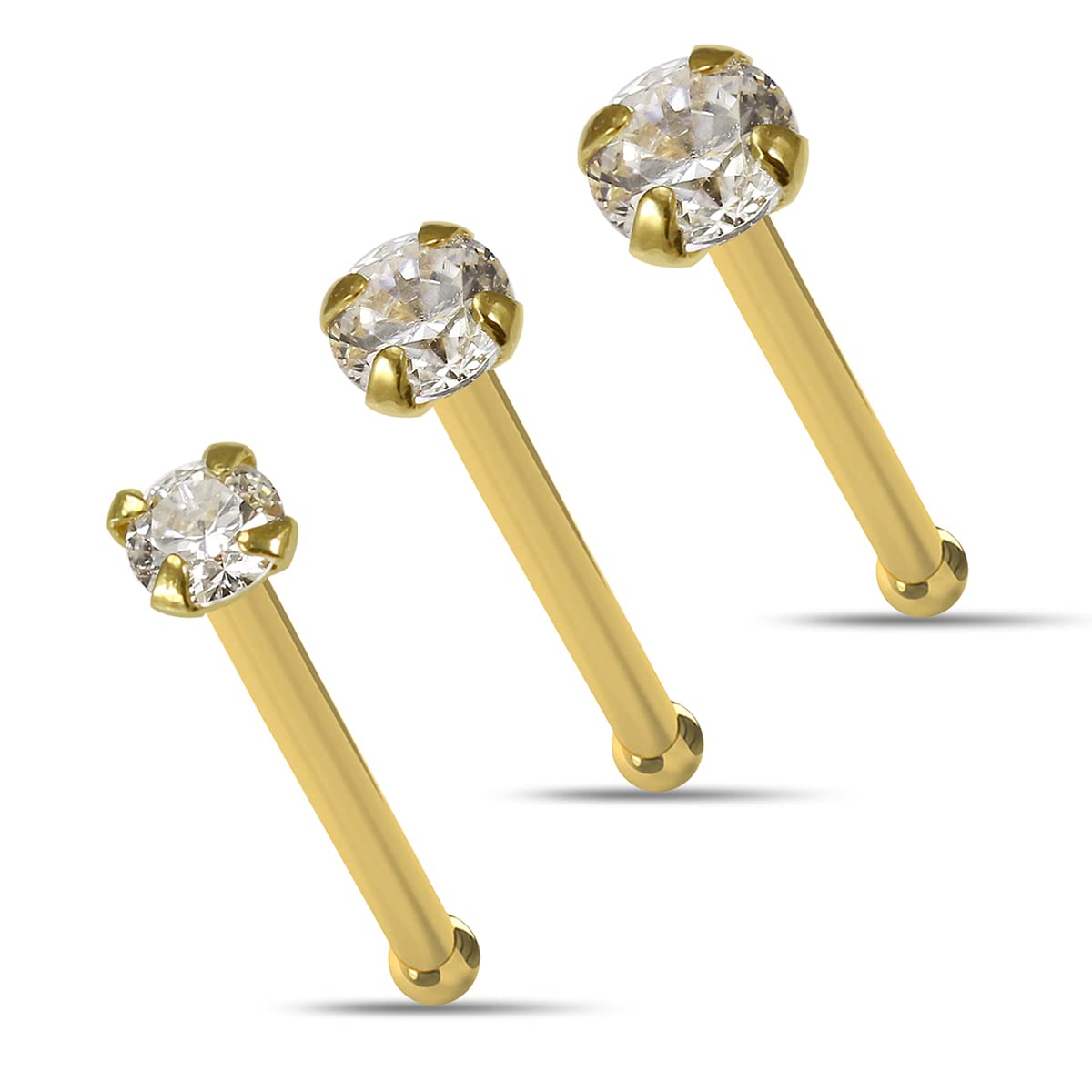 AZARIO LONDON 3 Pieces Box Set 14K Solid Yellow Gold Claw Set CZ Stone 22 Gauge Ball End Nose Pin Nose Stud Piercing
