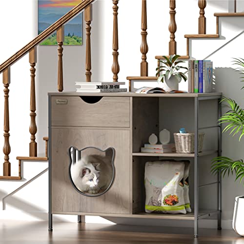 Cat Furniture Cabinet Enclosure,Cat House for Indoor Cats Side Table,Wooden Cat Cabinet with Drawer, Cat Home End Table with Storage Shelf, Nightstand,Grey