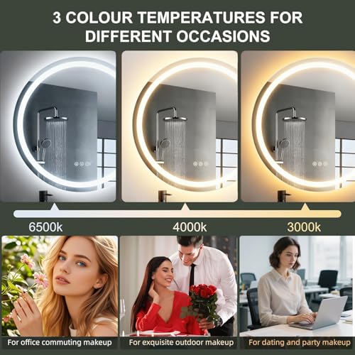 Espejo de baño circular de 80 cm con iluminación LED,función inteligente antivaho, 3 ajustes de temperatura de color ajustables, funcionamiento con control táctil,adecuado para baños y dormitorios