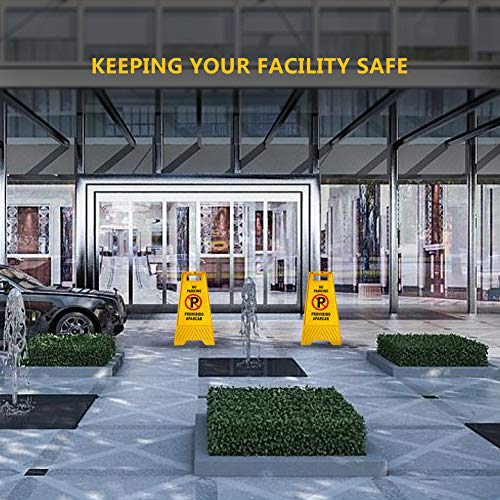 MYSBIKER No Parking Sign, 3 Pack Yellow Sign Stand-Up Floor Signs Readable on Both Sides,with Both English and Spanish - Thumbnail 2