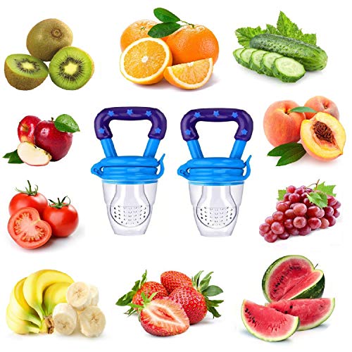 Gedebey Baby Food Feeder, Pacifier Fruit- Fresh Silicone Bottle Squeeze Spoon Frozen Fruit Teething Pacifiers Nibbler Hygienic Cover Newborn Teeth with Meshes Sizes for Baby Food Spoon (Blue)