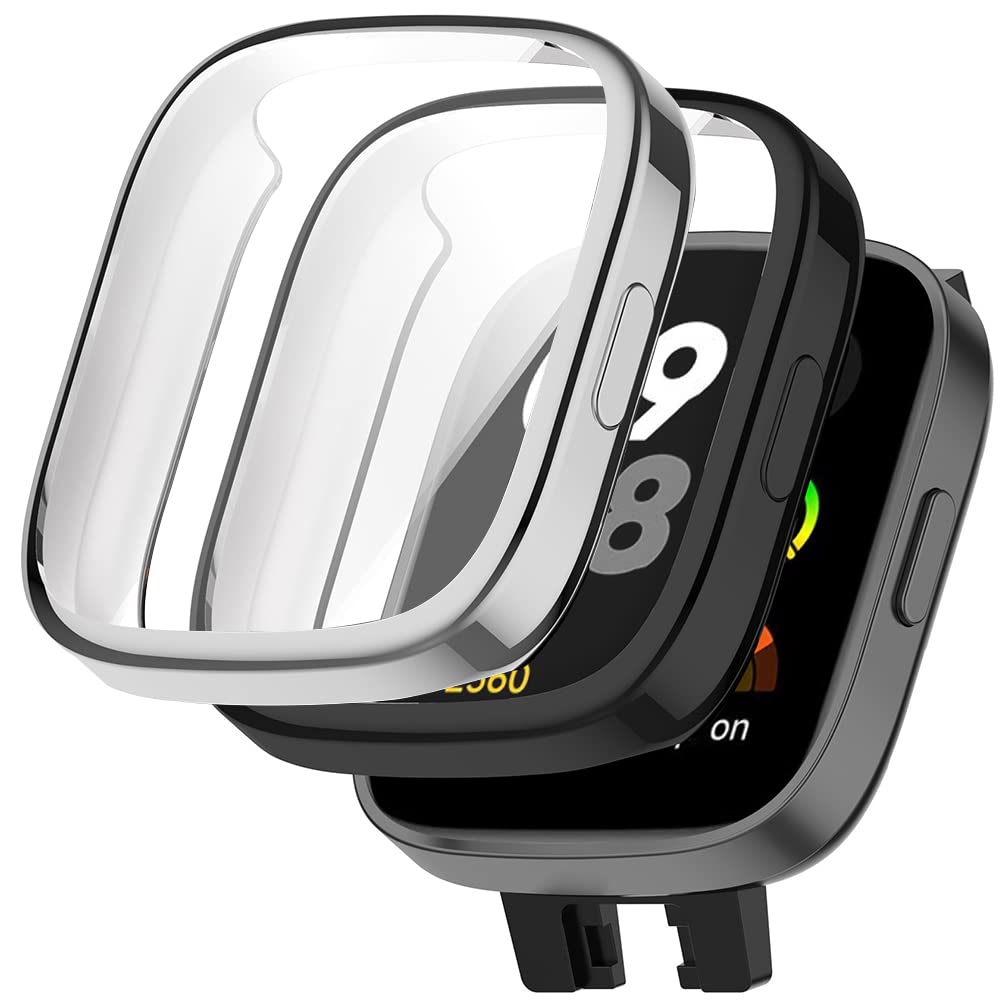 Akancy [2 Pieces] Compatible with Redmi Watch 3, Anti-scratch Protective Film Case Full TPU Full Protection - black silver