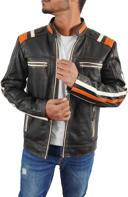 Mens Retro Classic Slim fit Biker Style Distressed Black Real