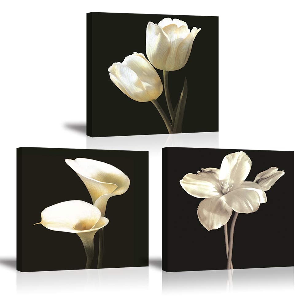 Piy Painting Flower Canvas Image, White Tulip Flower With Calla Lily Print on Canvas, Elegant Wall Art Picture, 3 Panel Repetition Ready Hanging Décor for Living Room Birthday Gift 30x30cm