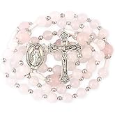 Nazareth Store 8mm White Jade & 10mm Natural Stone Beads Rosary Necklace St. Miraculous Medal & Cross Crucifix Catholic Prayer Beads Religious Jewelry