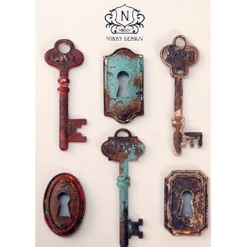 6 PC Faux Vintage Distressed Skeleton Key & Lock Magnet Set - Love, Dreams, Wish