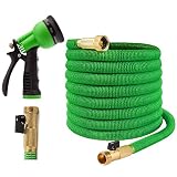 Joeys Garden Expandable Garden Hose - 100 Feet - Extra Strong Stretch Material with Brass Connectors - Bonus 8 Way Spray Nozzle Included