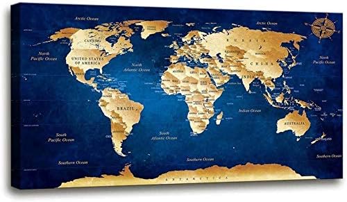 ZENDA Bluel World Map Canvas Wall Art Map of The World Large Painting for Office Home Decoration for Living Room Bedroom Framed Ready to Hang
