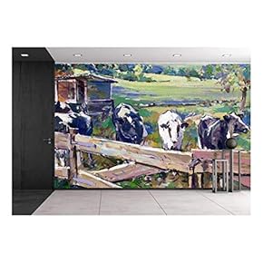 Landscape with Cows in Lower Saxony - Hand Painted Acrylic Paint Sketch on Board - Removable Wall Mural | Self-Adhesive Large Wallpaper - 66x96 inches