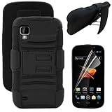 MINITURTLE(TM) Rugged Hybrid Dual Layer Protective Phone Armor Case Cover with Built in Kickstand, Swiveling Carrying Belt Holster Clip, and Clear Screen Protector Film for Android Smartphone ZTE Warp N860 /Boost Mobile (Black)