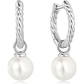 Pearl Earrings for Women 925 Sterling Silver Hoop Earrings Shell Pearl Drop Earrings Dangling 2 in 1 Style