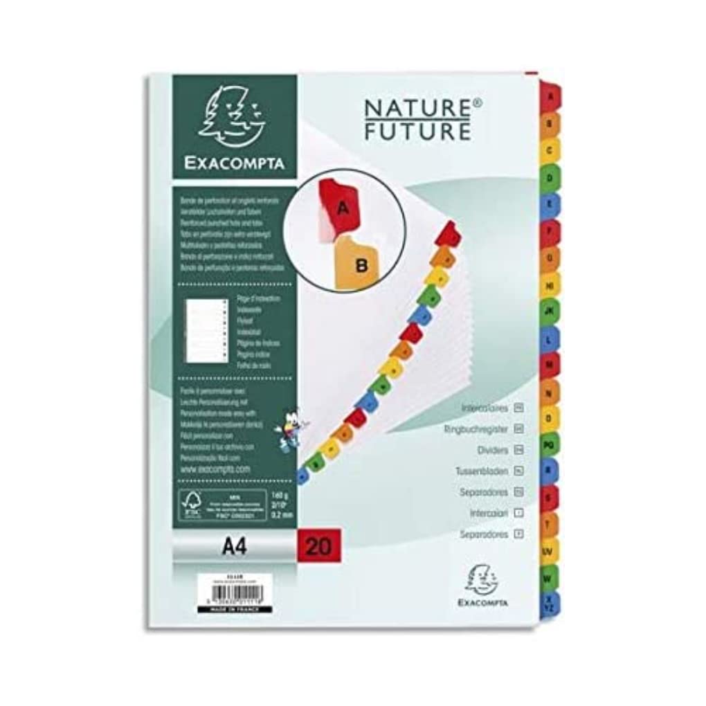Exacompta - Ref 1111E - Mylar Printed Indices - For Use WithA4 Documents, Pre-Punched, 160gsm White Card with Reinforced Plastic Tabs, FSC-Certified - 20-Part Dividers (A-Z)