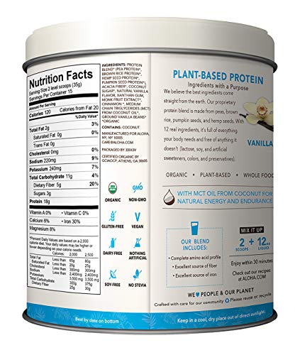 ALOHA Organic Vanilla Plant Based Protein Powder with MCT Oil, 18.5 oz, 15 Servings, Vegan, Gluten F - //medicalbooks.filipinodoctors.org
