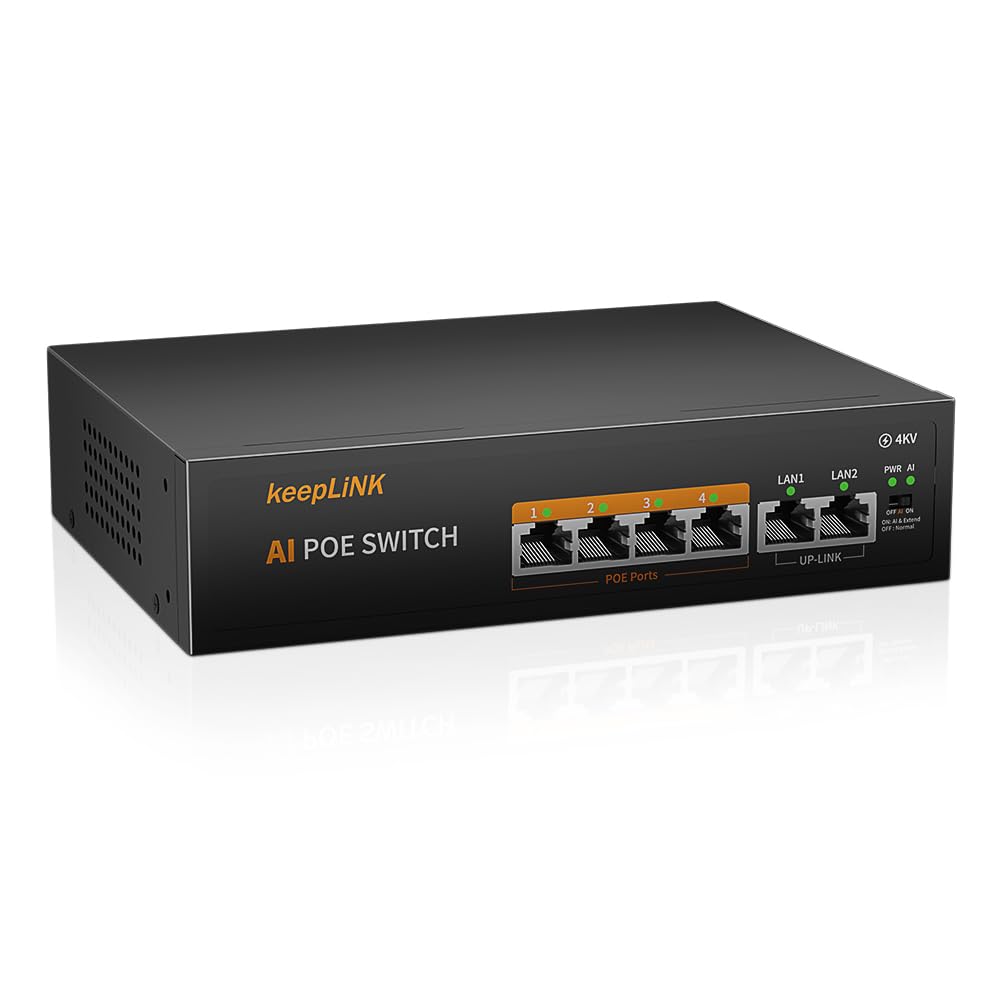 keepLiNK 6-Port 10/100Mbps Desktop Switch with 4-Port PoE+, 65W 802.3af/at, Extend Function, Metal Fanless, Unmanaged Plug and Play Network Ethernet Switch — image 1