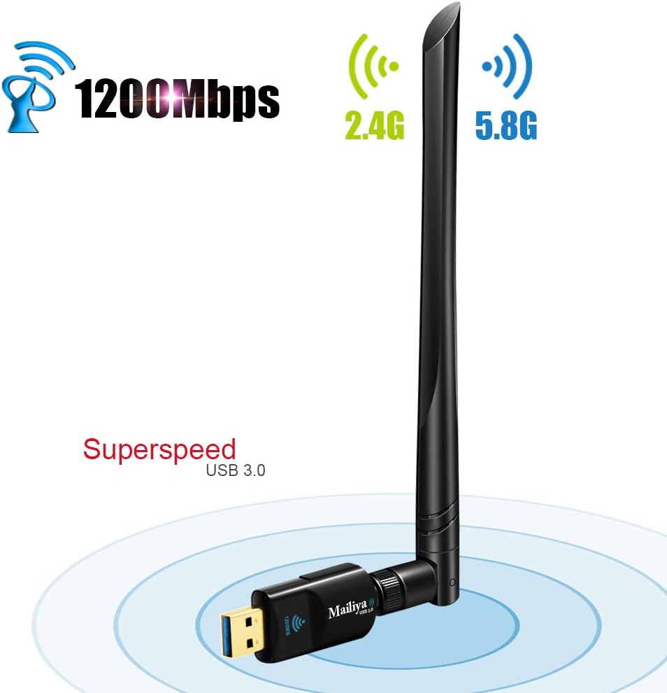 Mailiya 1200Mbps USB 3.0 Dual Band 2.4G/5G Mini 802.11ac Wireless Network Adapter USB Wi-Fi Dongle Adapter With 5dBi Antenna For Laptop Destop Windows XP/Vista/7/8/10,Linux,Mac OS X 10.4-10.14.1